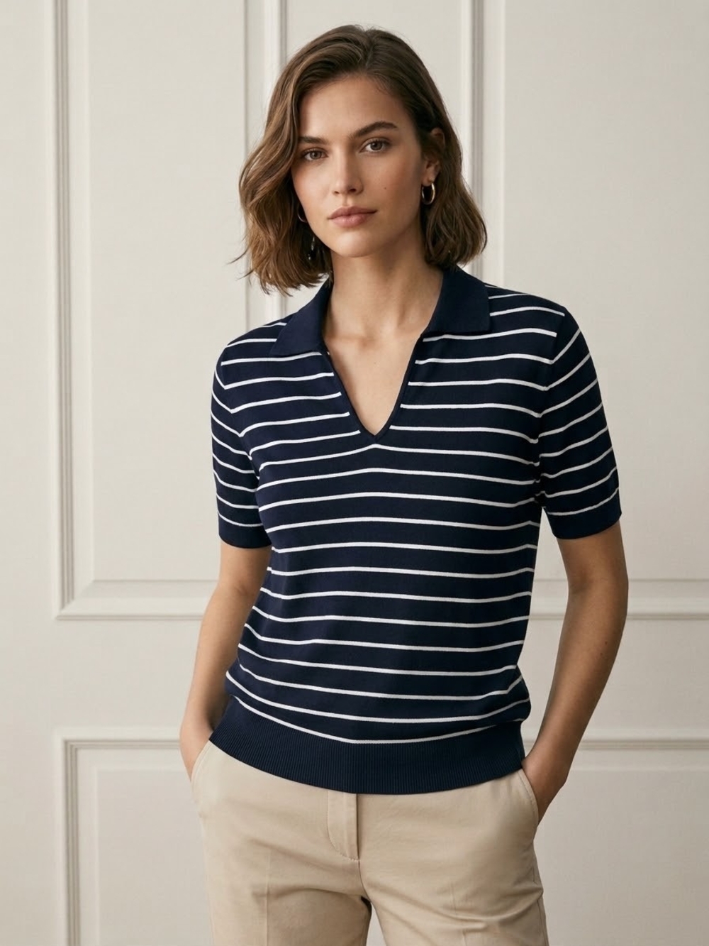 Massimo Dutti Navy and White Striped V-Neck Polo Size L